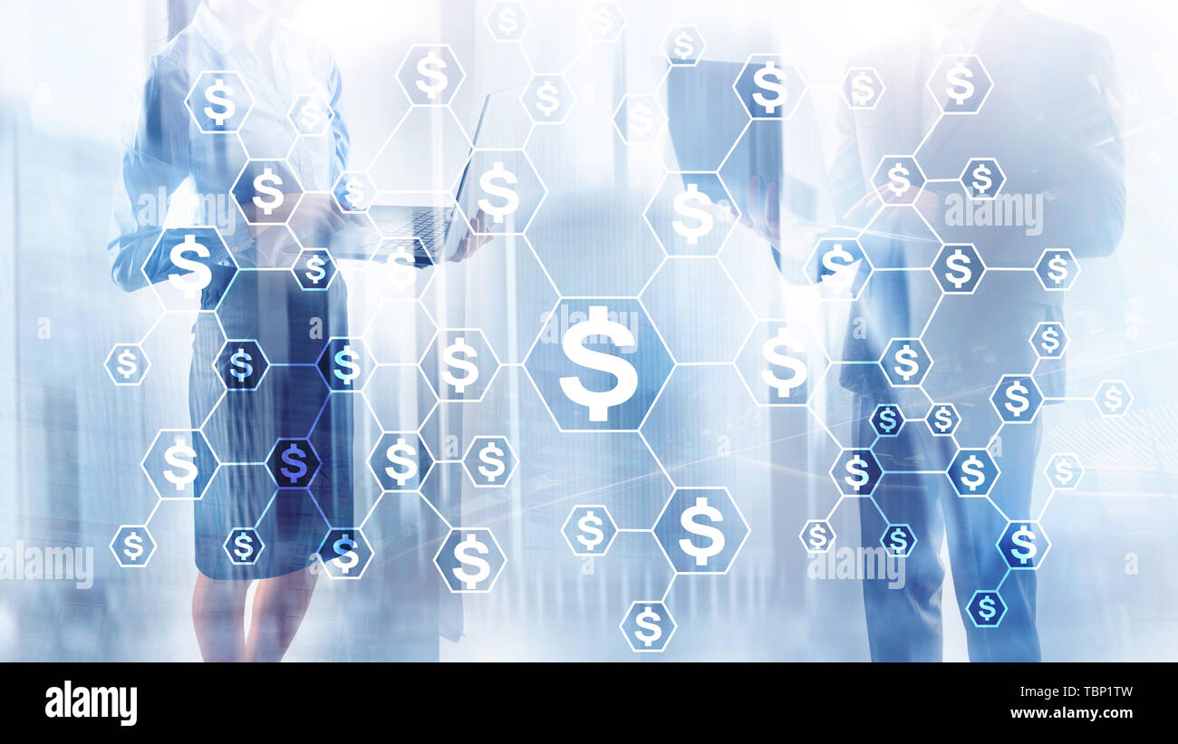 Dollars icônes, de l'argent, la structure de réseau. ICO, le commerce et l'investissement. Crowdfunding. Banque D'Images