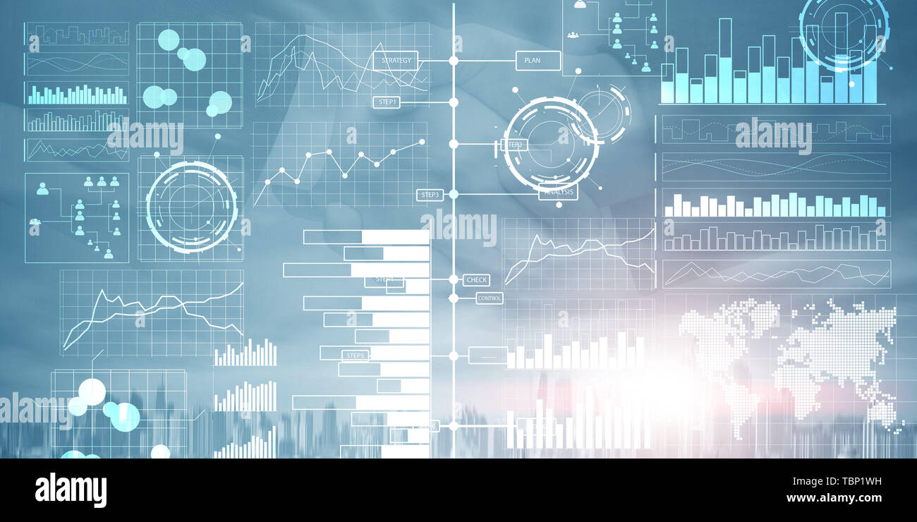 L'intelligence d'affaires tableau de bord avec des indicateurs de performance clés sur un écran virtuel de l'interface de l'ordinateur. Banque D'Images