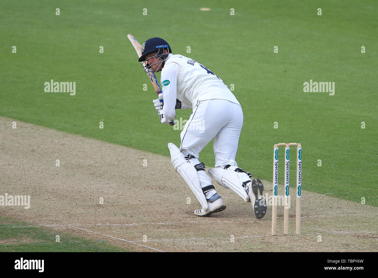 CHESTER LE STREET, Angleterre 3e juin Liam Trevaskis au bâton de Durham pendant le match de championnat entre Specsavers County Durham County Cricket Club et Club de cricket du comté de Derbyshire au Emirates Riverside, Chester le Street le lundi 3 juin 2019. (Crédit : Mark Fletcher | MI News) Credit : MI News & Sport /Alamy Live News Banque D'Images