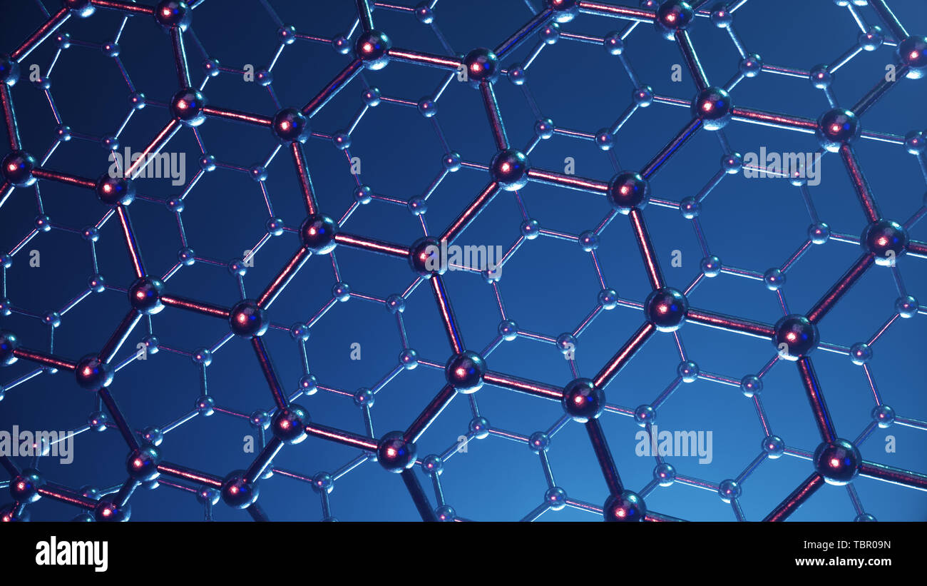 Illustration 3d de la structure du graphène ou surface du carbone, la nanotechnologie abstrait géométrique hexagonale forme close-up, concept atomique de graphène Banque D'Images