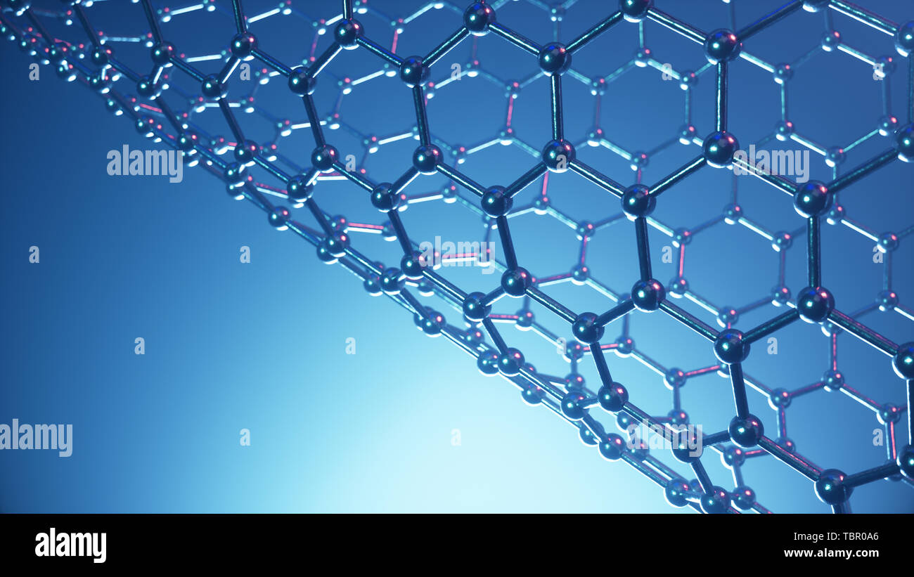 Illustration 3d de la structure du tube de graphène, résumé la nanotechnologie forme géométrique hexagonale close-up, le graphène concept concept structure atomique, Banque D'Images