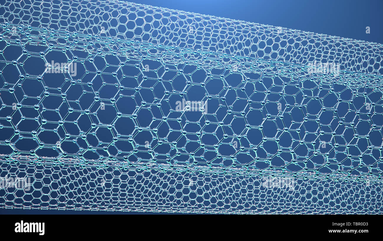 Illustration 3d de la structure du tube de graphène, résumé la nanotechnologie forme géométrique hexagonale close-up, le graphène concept concept structure atomique, Banque D'Images