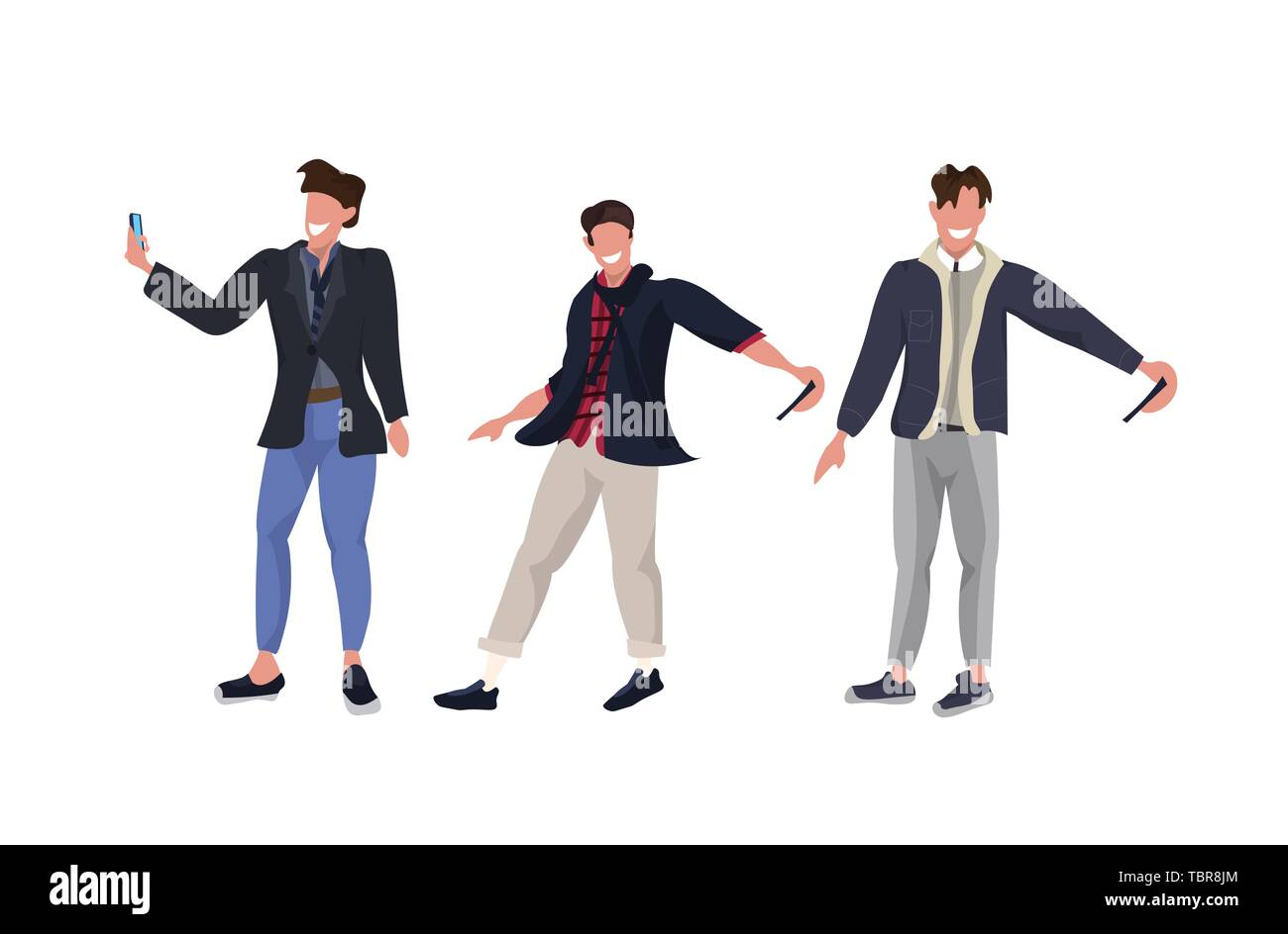 Les hommes d'en tenant l'appareil photo de votre smartphone selfies photo de personnages masculins occasionnels se tenant ensemble la photographie dans différentes poses white Illustration de Vecteur