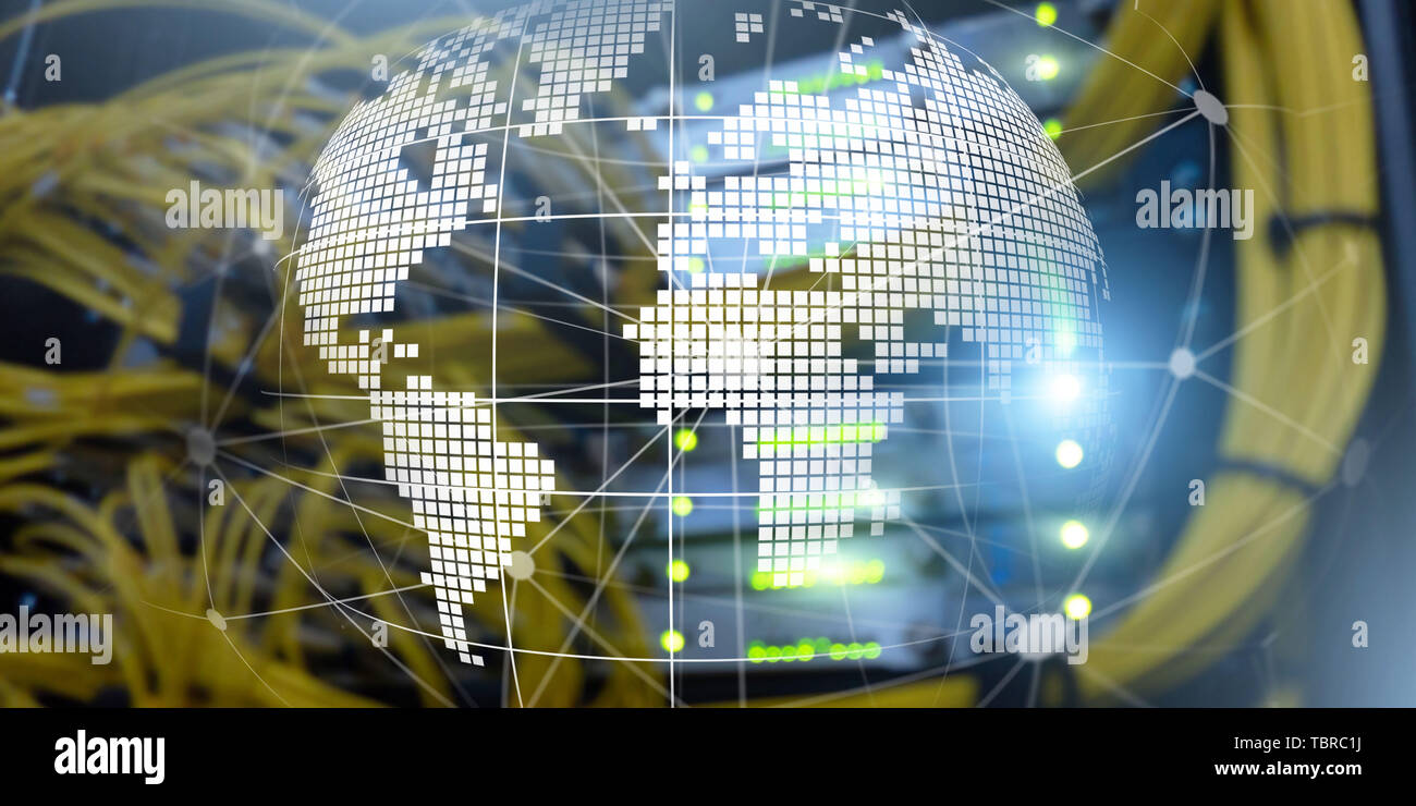 Centre de données moderne futuriste avec 3d holographique de la planète terre Bannière de la technologie. Concept internet de télécommunications. Banque D'Images