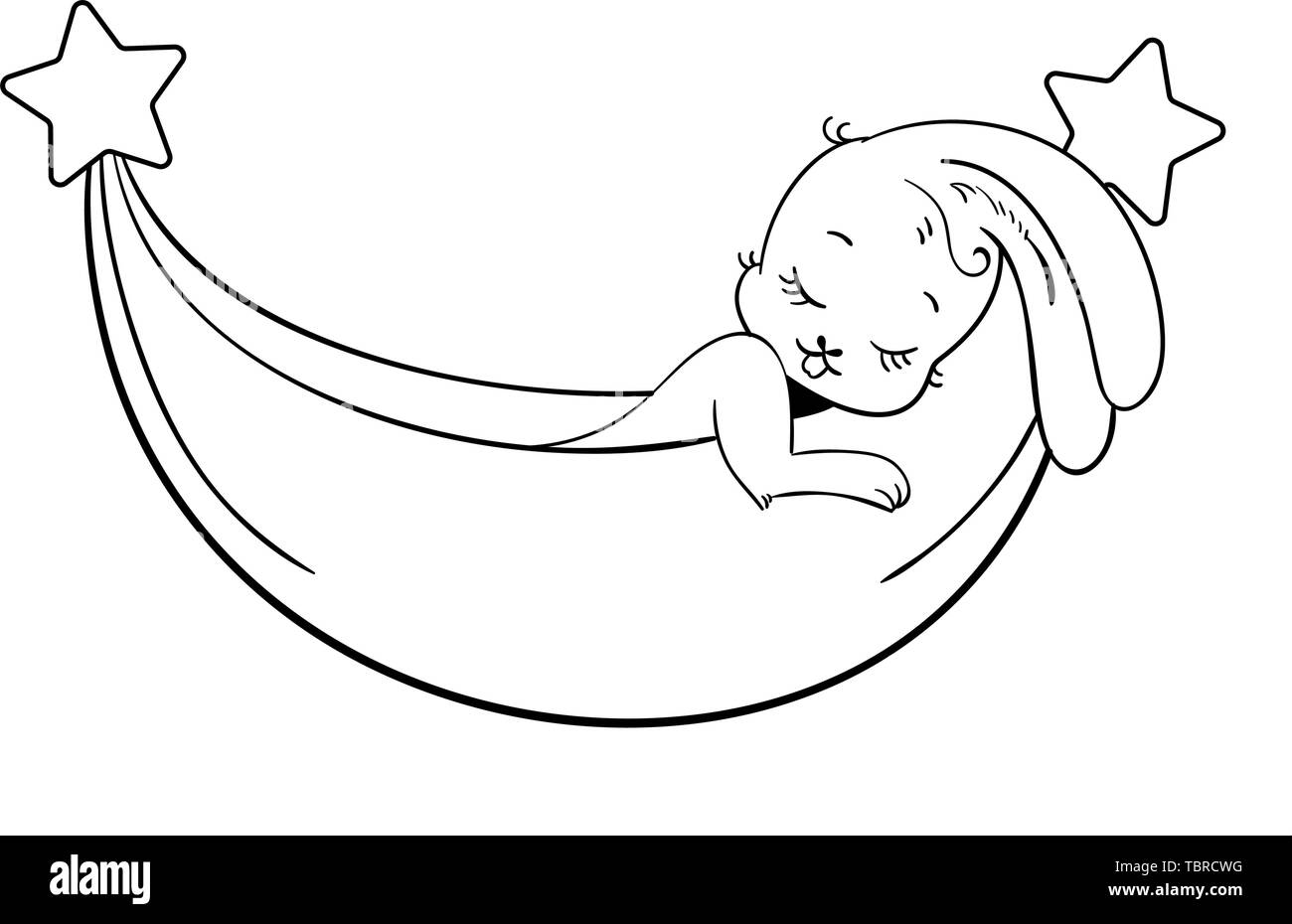 Lapin bébé dormir dans un hamac. Inscrivez-Logo modèle. Cartoon Vector illustration réaliste avec un bébé nouveau-né. Hamac comme une lune avec des étoiles. Illustration de Vecteur