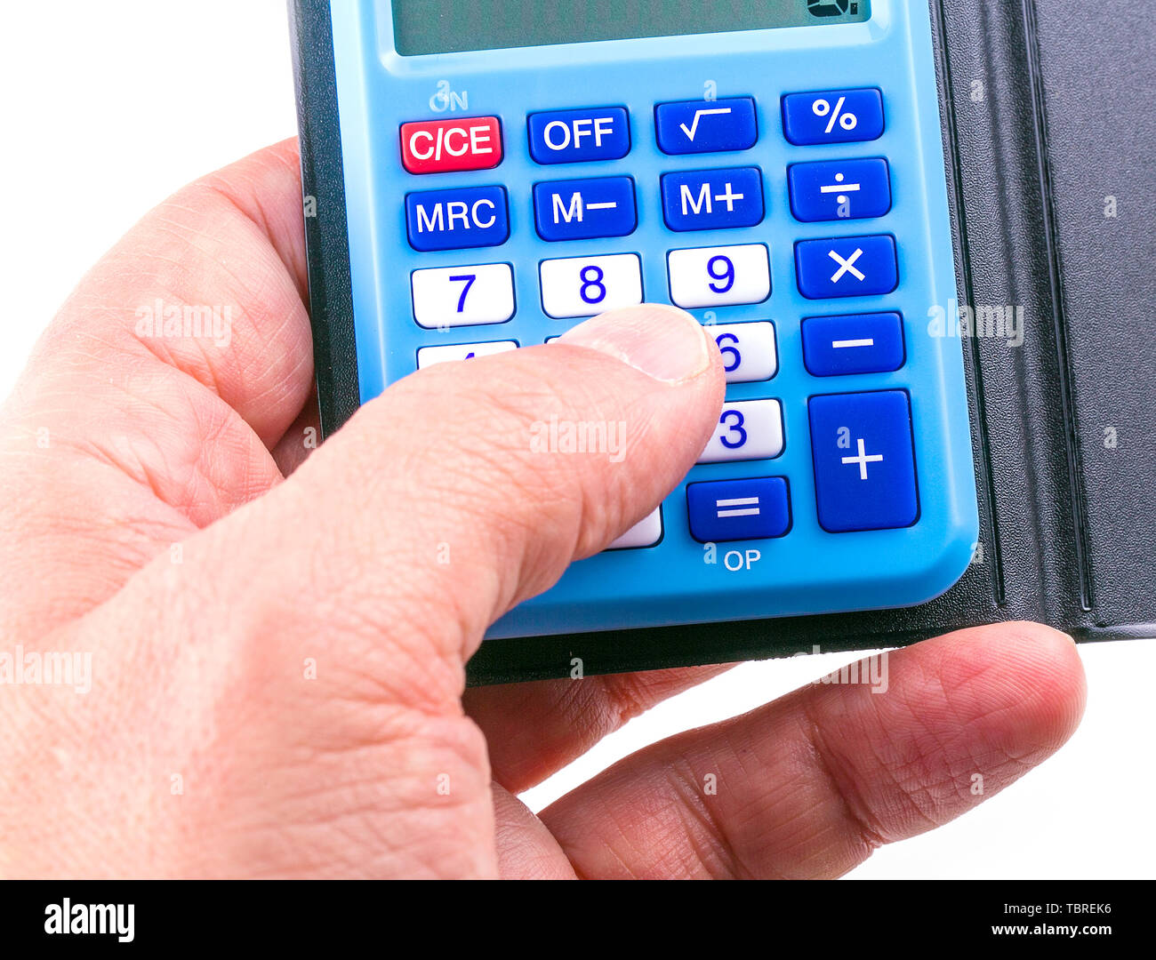 Calculatrice bleu dans ses mains businessman Banque D'Images