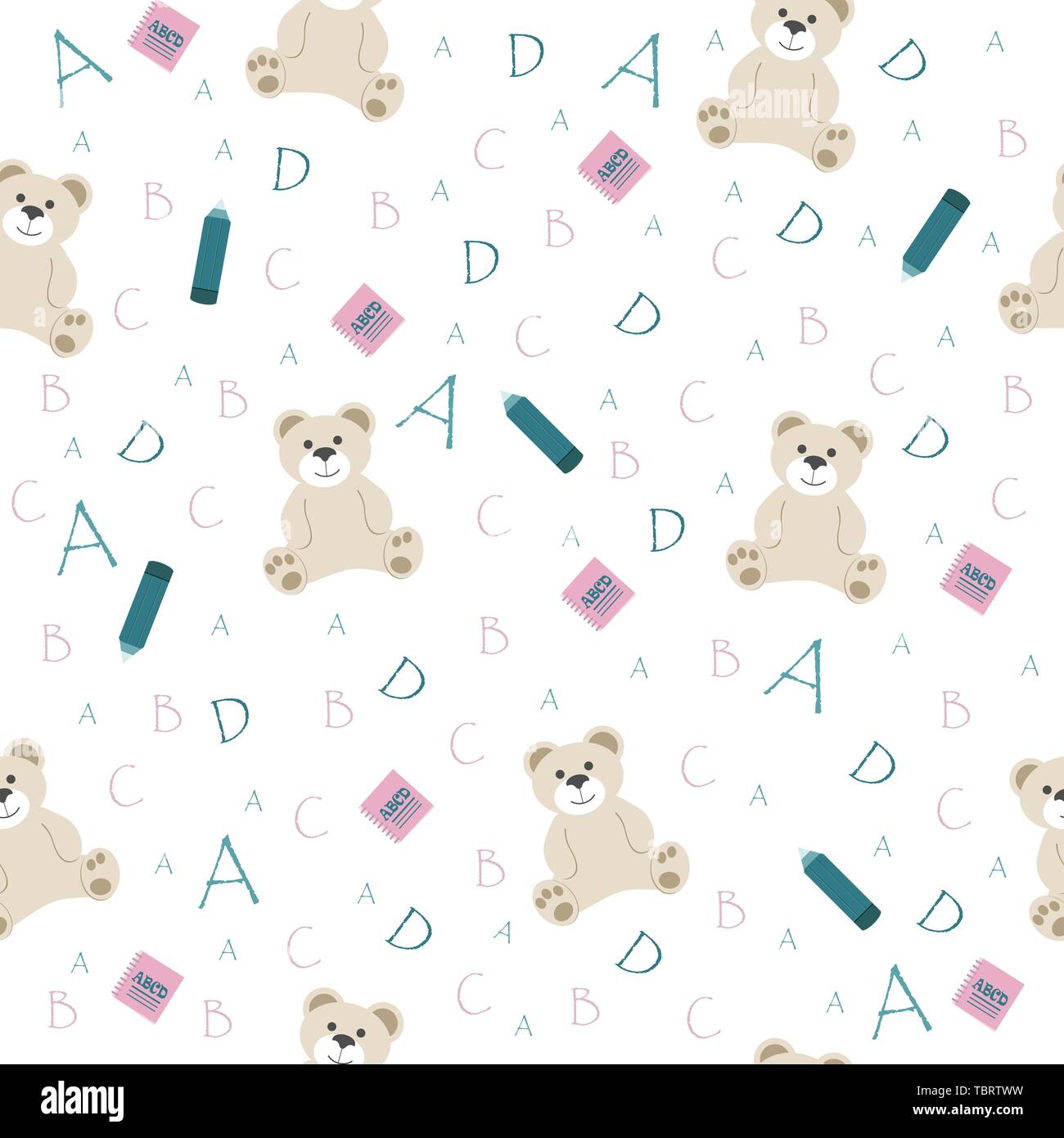 L'école modèle mignon sans couture avec l'ours d'animaux et de lettres de l'alphabet et avec les ordinateurs portables et un crayon pour les enfants d'étudier pour les impressions et les textiles Illustration de Vecteur