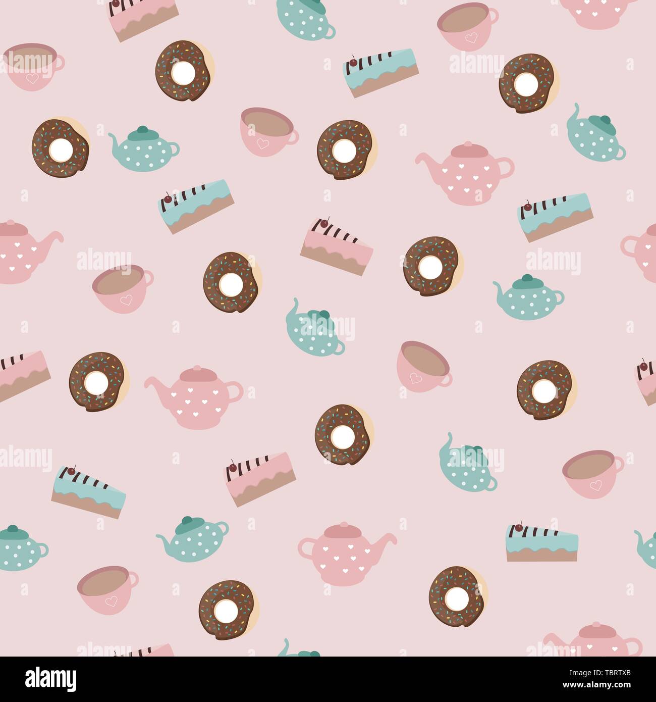 Modèle sans couture avec chocolat donut gâteau café thé et une bouilloire de rose et bleu pour les impressions et les textiles Illustration de Vecteur