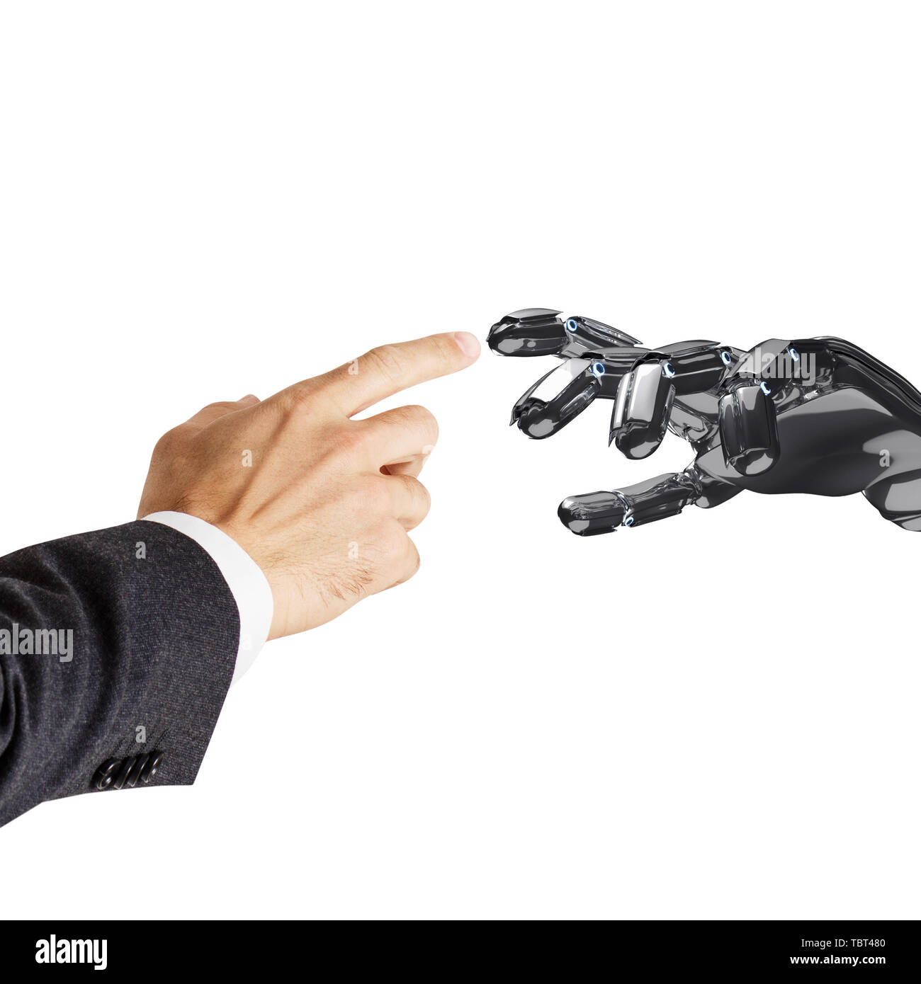 La main de l'homme touchant la main robotique. Le rendu 3d. Banque D'Images