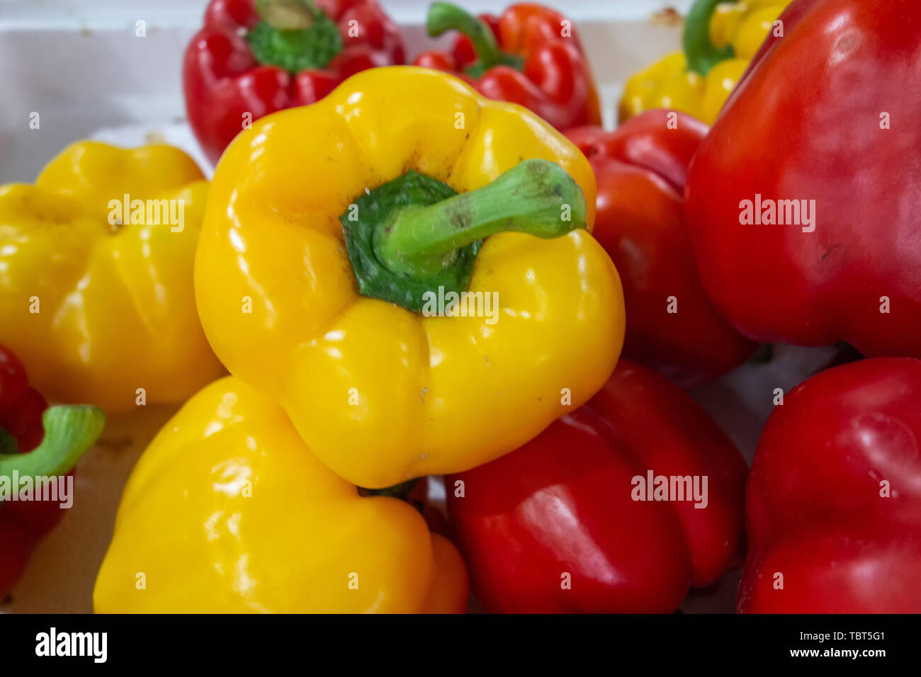 Piments colorés en attente d'être vendus à la marché aux légumes Banque D'Images