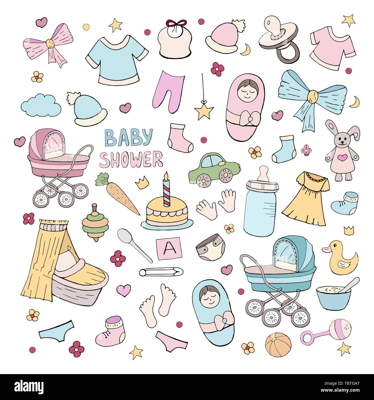 Ensemble d'éléments pour célébrer la naissance de bébé, fille et garçon sur fond blanc. Partie de douche de bébé. Illustration de Vecteur