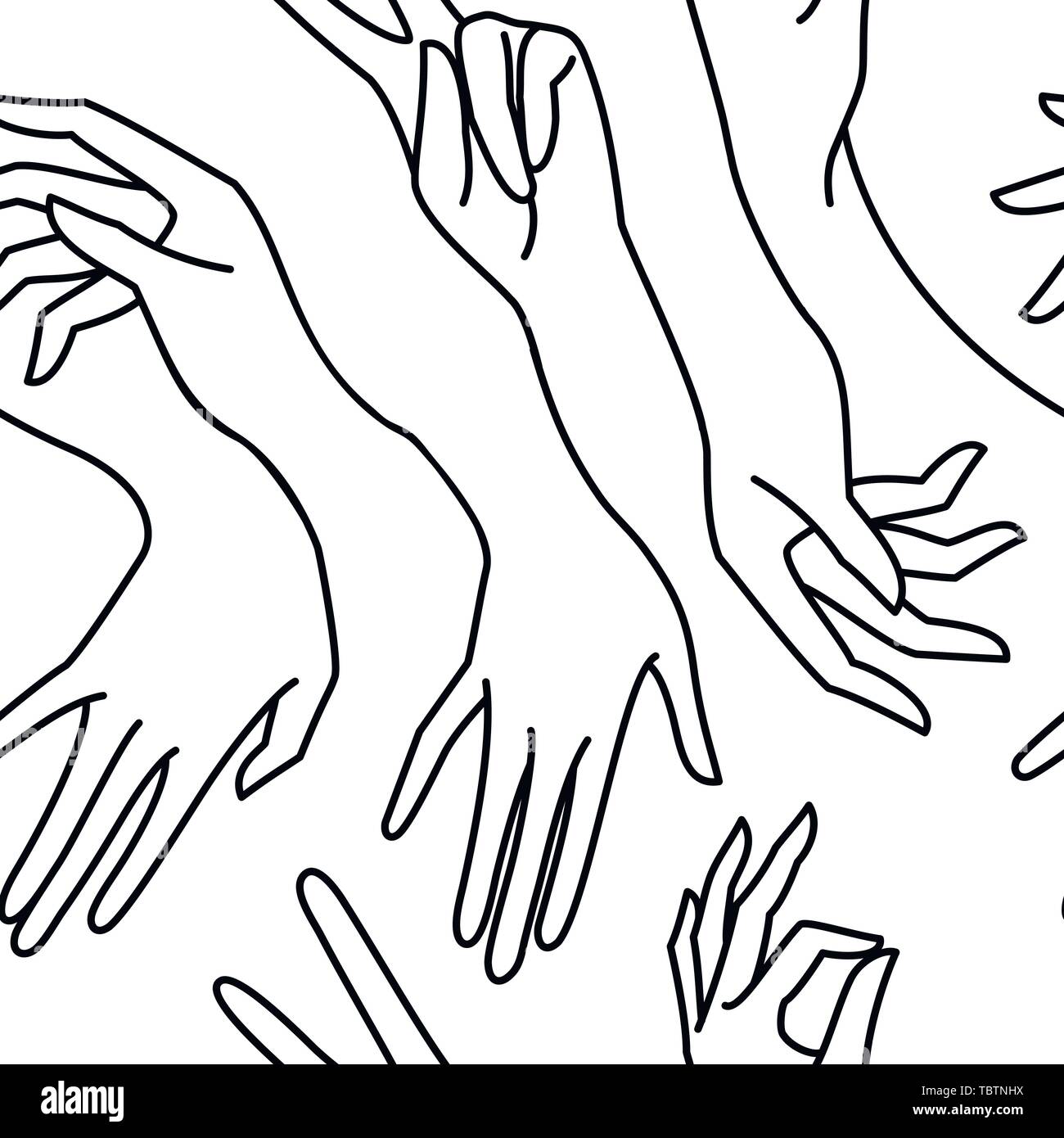 Woman's hand ligne noir et blanc motif transparent. Arrière-plan de femmes sans fin de vecteur mains de différents gestes - La victoire, d'accord. Lineart dans un style minimaliste pour imprimer sur du tissu, l'emballage Illustration de Vecteur
