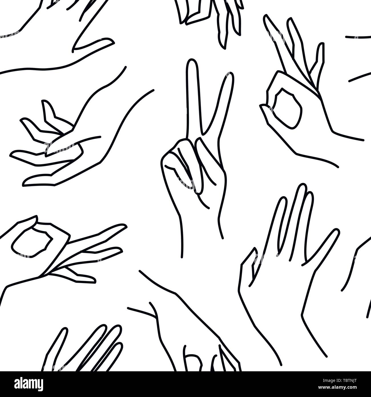 Woman's hand ligne noir et blanc motif transparent. Arrière-plan de femmes sans fin de vecteur mains de différents gestes - La victoire, d'accord. Lineart dans un style minimaliste pour imprimer sur du tissu, l'emballage Illustration de Vecteur