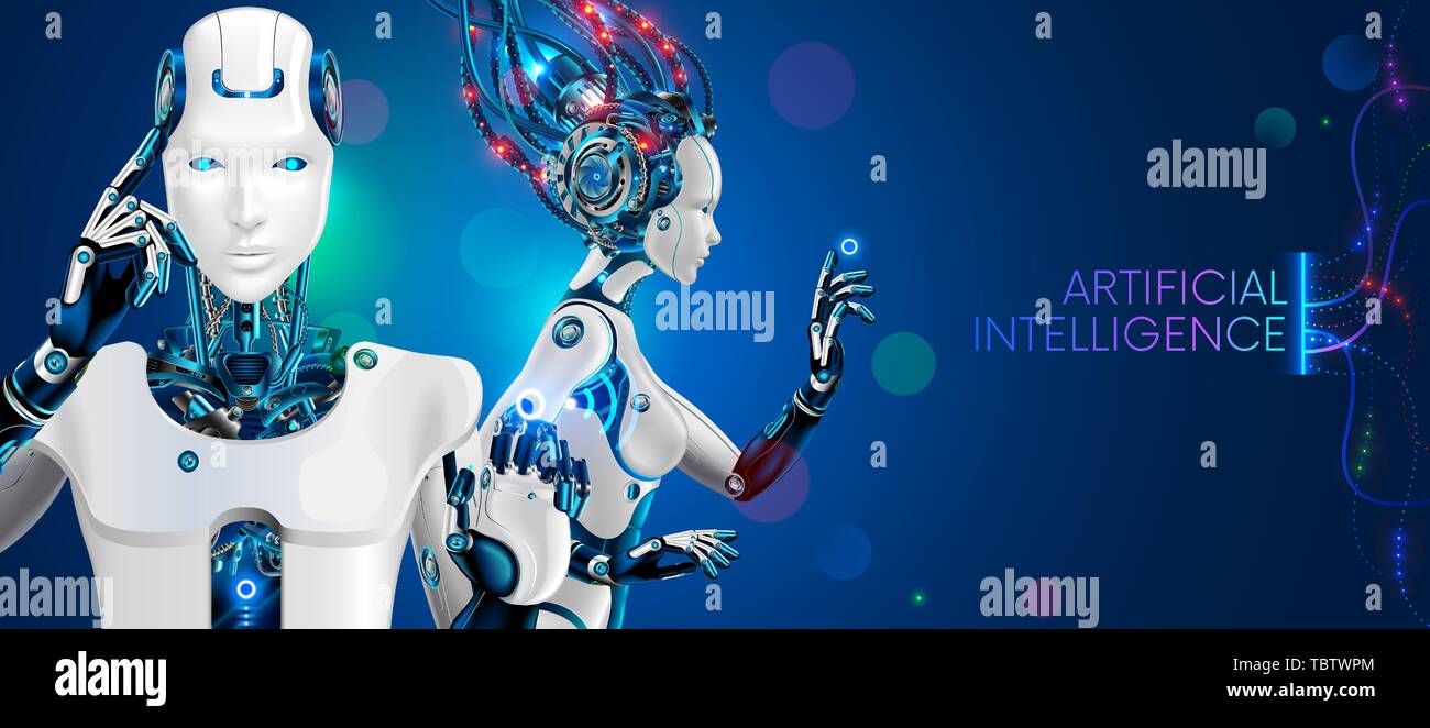 Robot humanoïde de taille homme et femme avec ai. blanc robot cybernétique cyborgs sur fond bleu. Personnages de mécanique fantastique science fiction Illustration de Vecteur