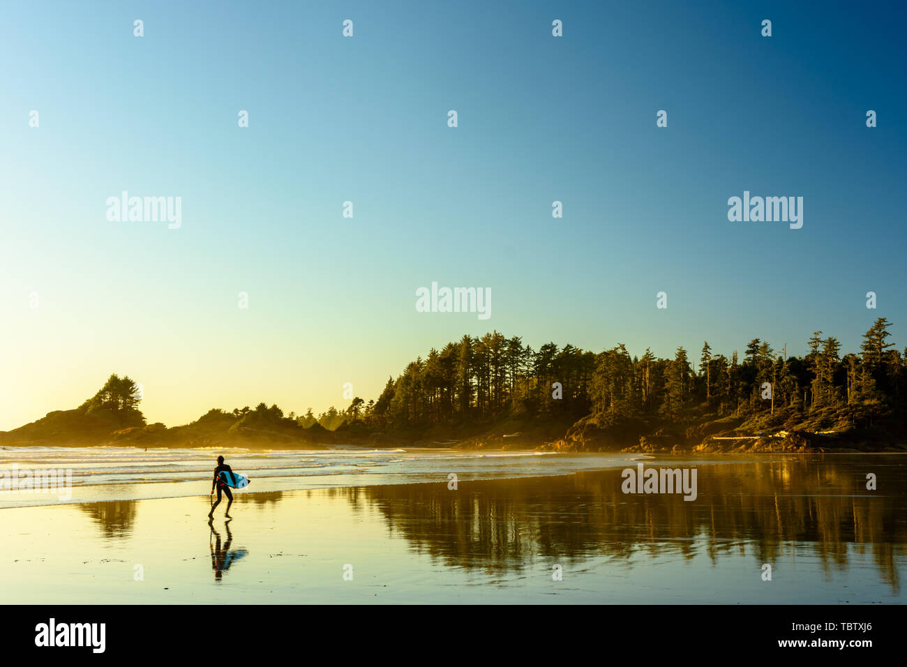 Un surfeur marche le long d'une plage sur l'île de Vancouver, en Colombie-Britannique, au Canada Banque D'Images