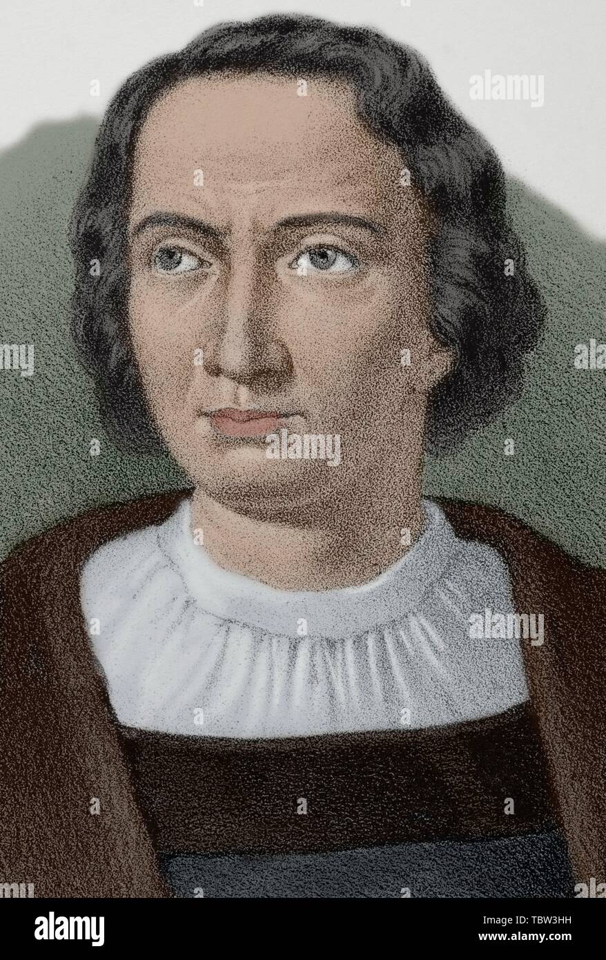 Cristóbal Colón (1451 ? -1506). Navegante, l'almirante, virrey y gobernador General de las Indias Occidentales al servicio de la Corona de Castilla. Descubridor de América. Dibujo por Cebrián. Detalle. Litografía. Coloreada. Retrato. Crónica general de España, Historia Ilustrada Descriptiva y de sus Provincias. L'Andalousie, 1867. Banque D'Images