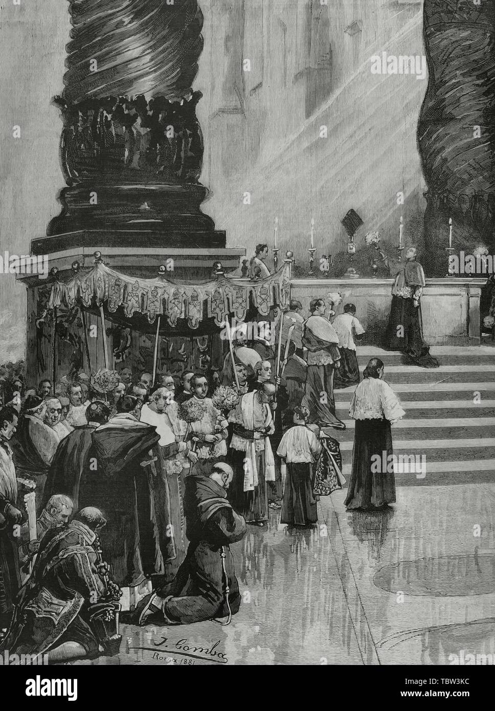 Vaticano. Basilique de San Pedro. Ceremonia de la Purificación del Gran autel, papale el día de Jueves Santo. Naturel del dibujo por José Comba, detalle. La gravure. La Ilustración Española y Americana, 30 de marzo de 1882. Banque D'Images
