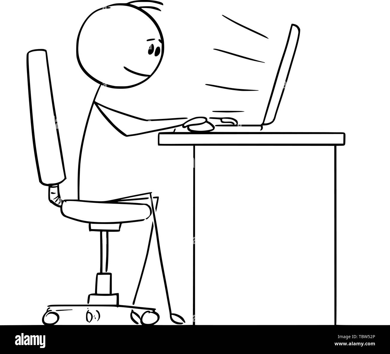 Vector cartoon stick figure dessin illustration conceptuelle de l'homme ou homme assis derrière un bureau et de la saisie ou du travail sur ordinateur. Illustration de Vecteur