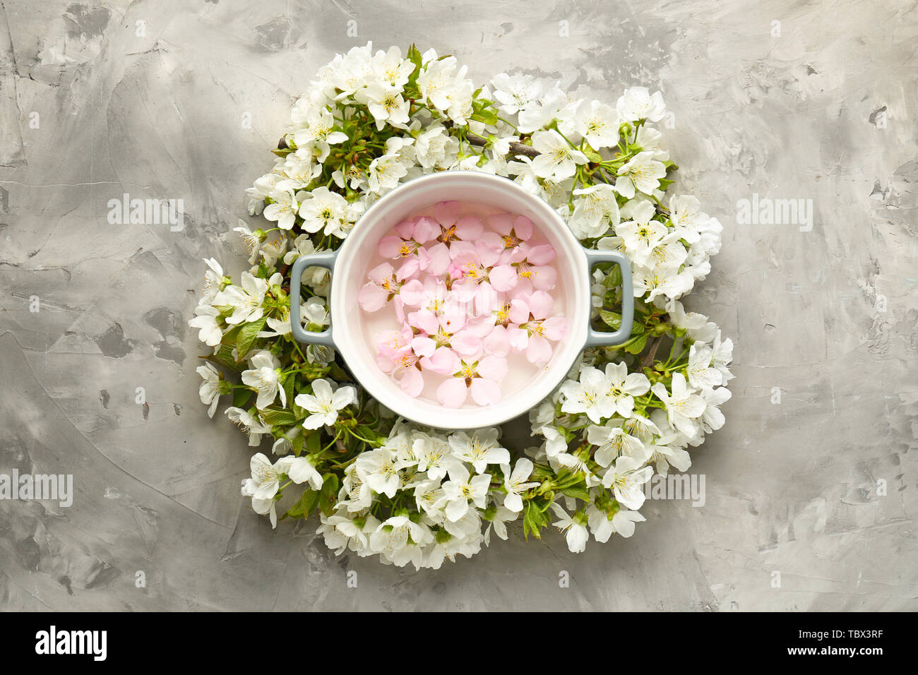 Casserole d'eau et de belles fleurs sur fond gris Banque D'Images