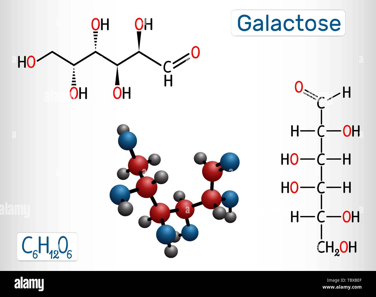 Le galactose, le D-galactose, molécule de sucre de lait. Forme linéaire. Formule chimique structurale et molécule modèle. Vector illustration Illustration de Vecteur
