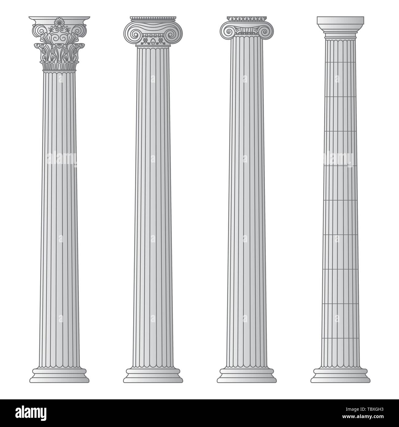 Un ensemble de meubles anciens et historiques grecque avec des colonnes doriques, ioniques et corinthiennes capitales ligne vectorielle illustration. Illustration de Vecteur