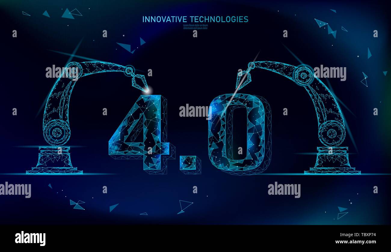 Poly basse révolution industrielle futur concept. Numéro de l'industrie 4.0 assemblées par bras robotique. La technologie en ligne Gestion de l'industrie. Polygonale 3D Illustration de Vecteur