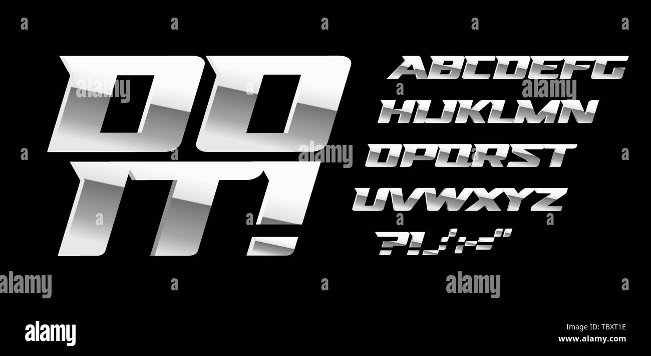 Ensemble de lettres et de symboles d'argent sur fond noir. Vecteur de style métal alphabet latin. Police pour l'industrie automobile ou le bodybuilding sport. Typographie design. Illustration de Vecteur