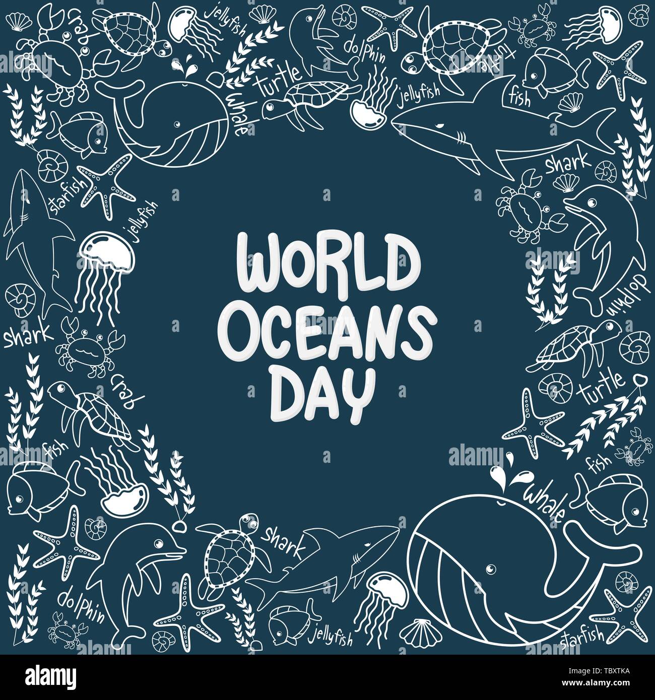 La Journée mondiale des océans. contours vecteur de la vie marine dans l'océan avec style doodle pour la célébration dédiée à aider à protéger et préserver les océans du monde, w Illustration de Vecteur