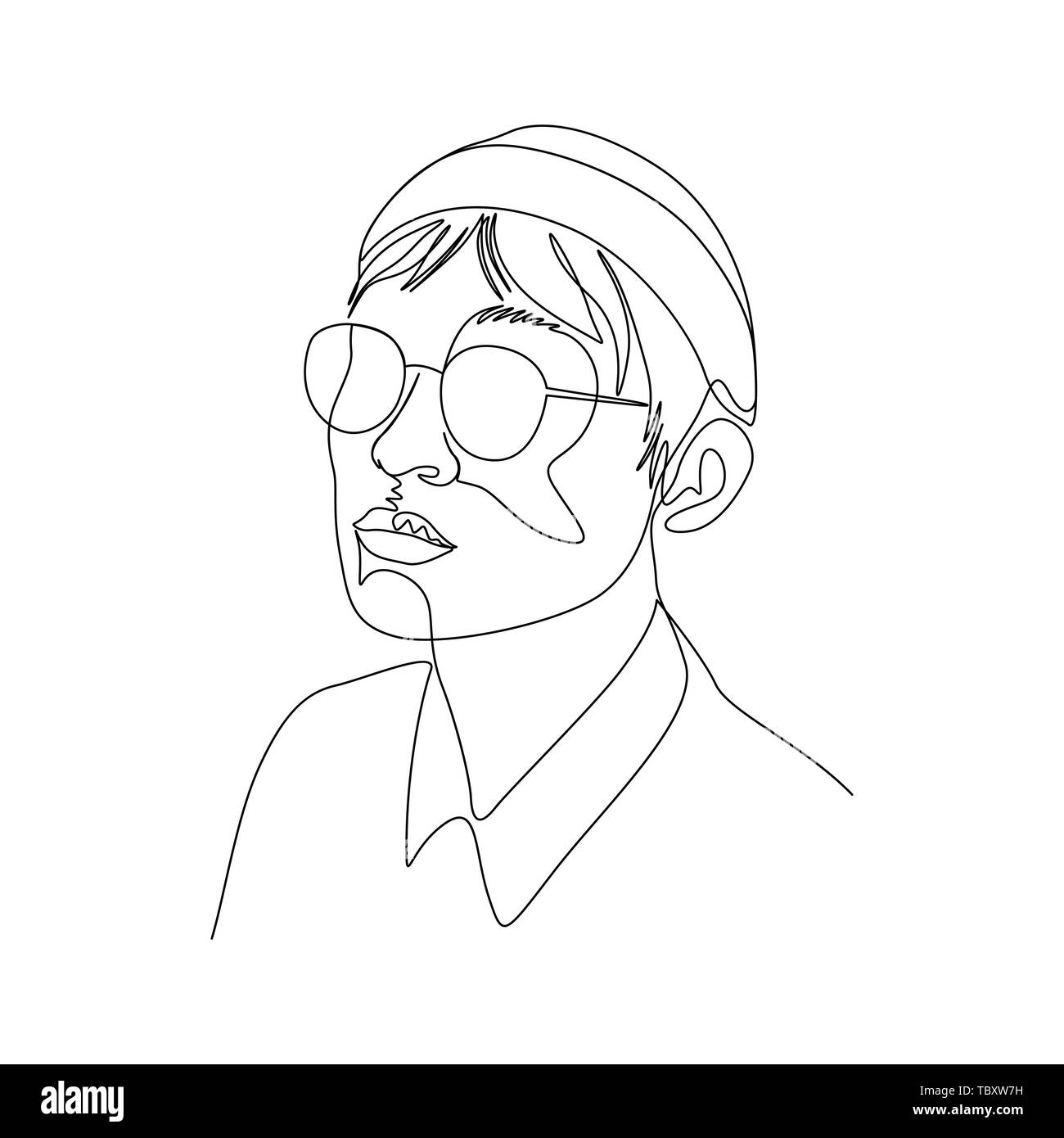 Une ligne continue portrait de l'Homme à lunettes et chapeau. Art Illustration de Vecteur