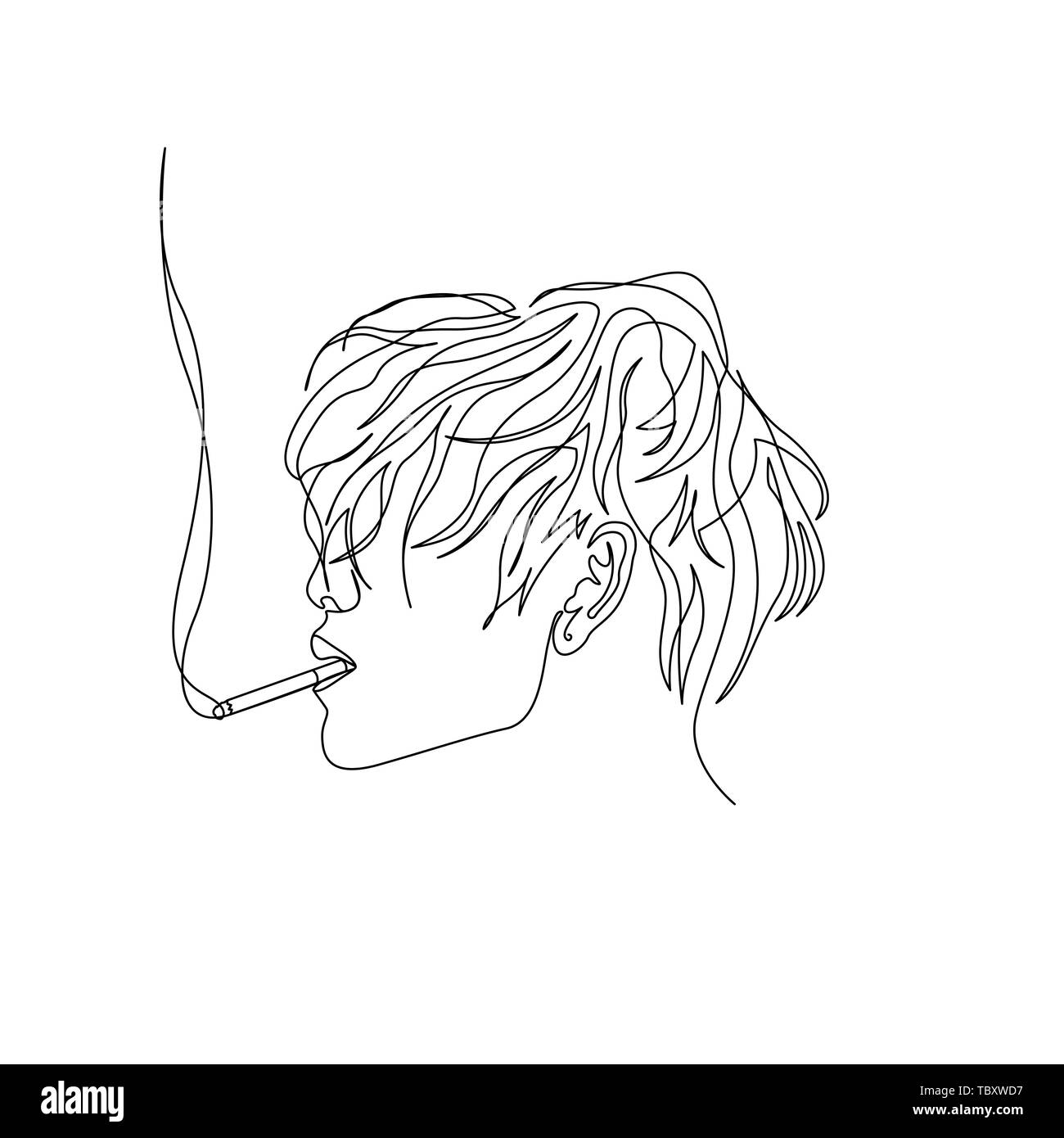 Une ligne continue l'homme avec les cheveux ondulés cigarette, vue de côté. Art Illustration de Vecteur