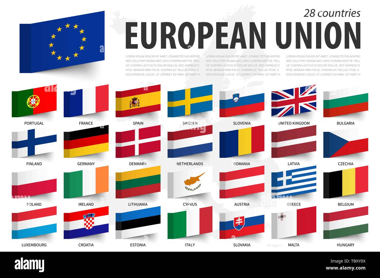 Drapeau de l'Union européenne et des états membres . Sticky note design . Fond de carte de l'Europe . Vector Illustration de Vecteur