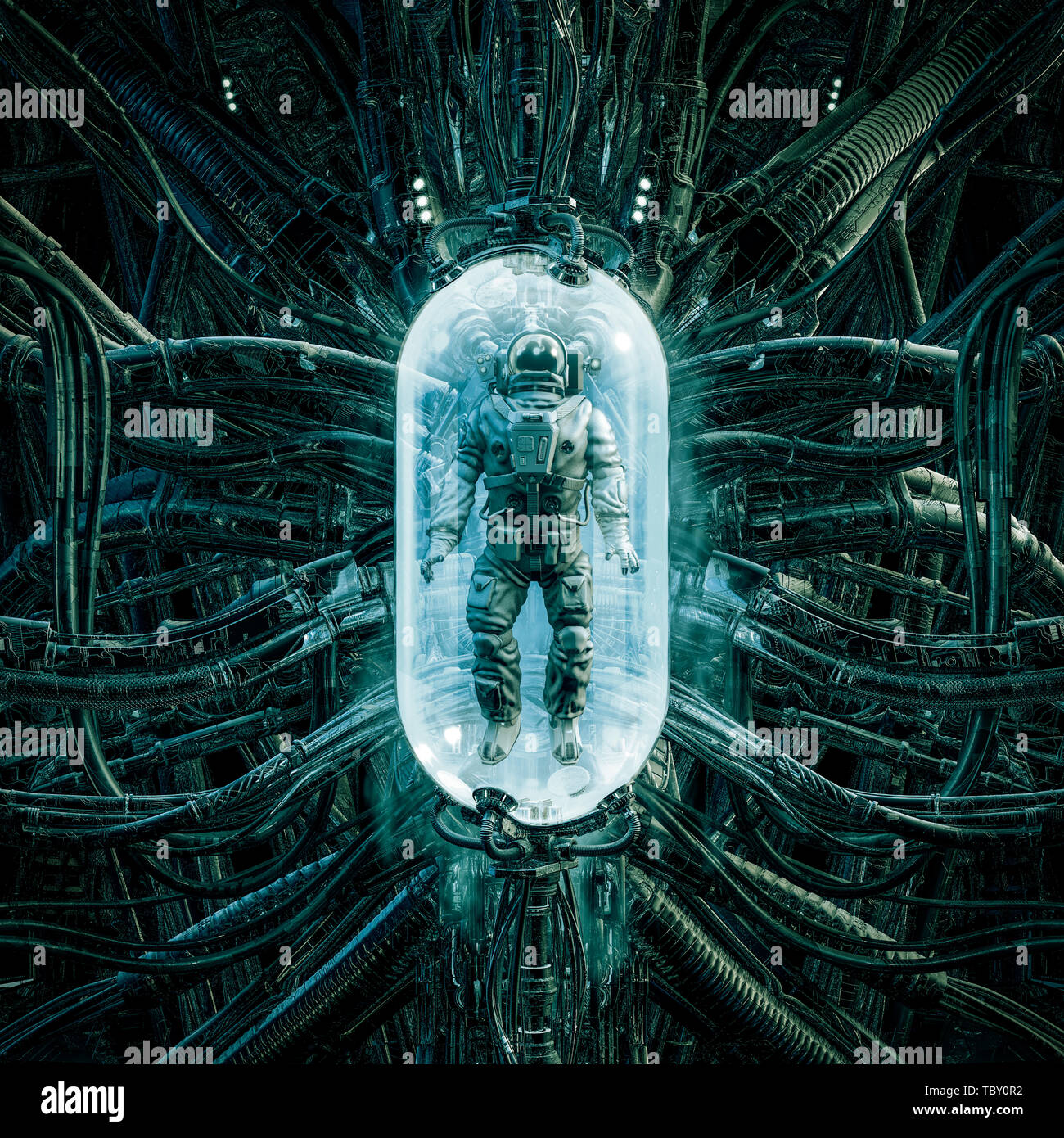 L'astronaute pod / 3D illustration de la science-fiction scène montrant l'astronaute coincé à l'intérieur futuriste creepy complexes machines médicales exotiques Banque D'Images