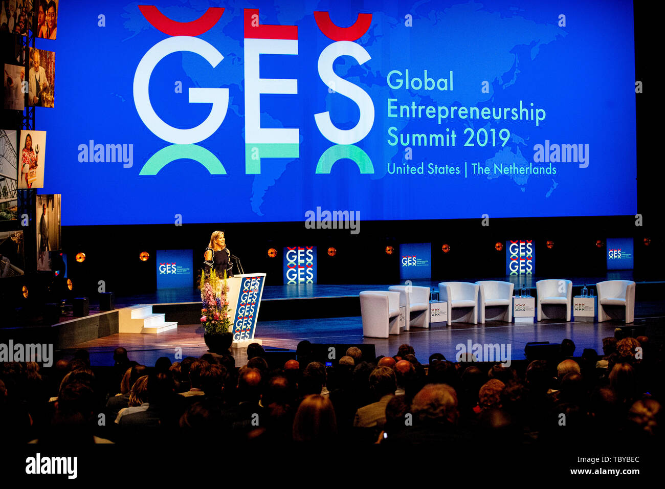 La Haye, aux Pays-Bas. 4 juin, 2019. Reine Maxima des Pays-Bas assiste à la Global Entrepreneurship Summit (GES) dans le World Forum à La Haye, Pays-Bas, 4 juin 2019. Crédit : Patrick van Katwijk |/dpa/Alamy Live News Banque D'Images