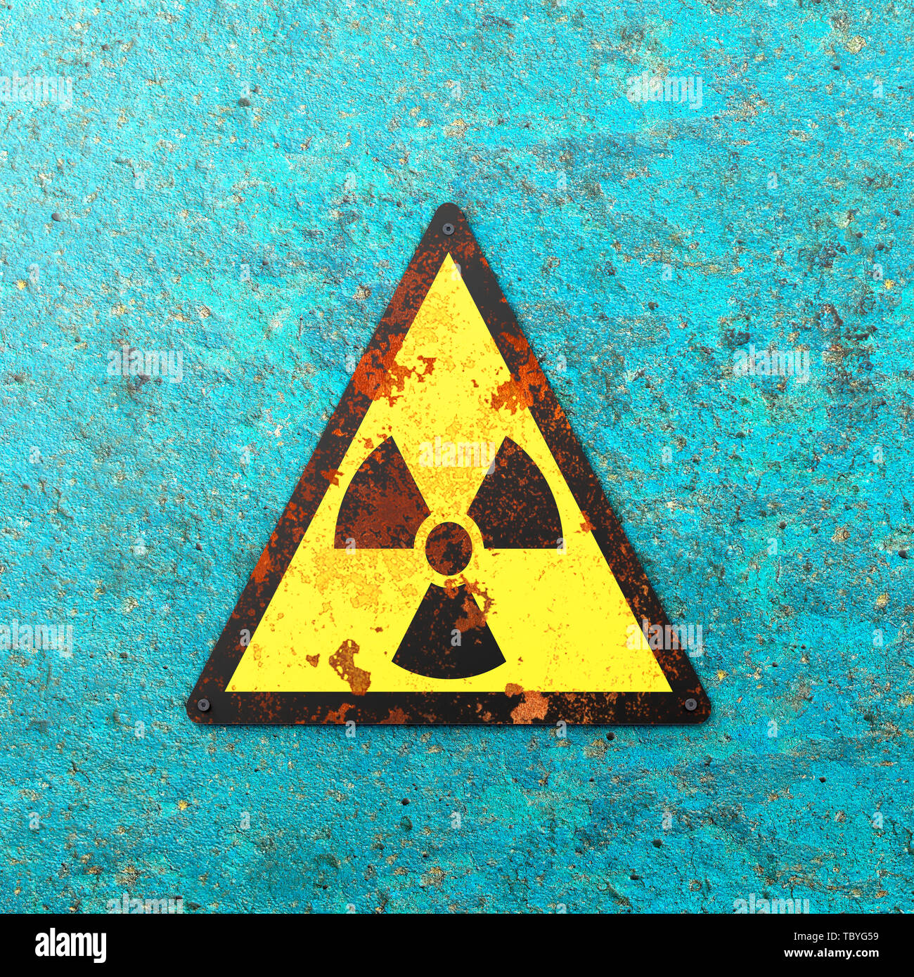 Panneau d'avertissement du site nucléaire, sign sur un mur. Indication de la présence d'une zone radioactive, 3D render. Les armes nucléaires. Site dangereux Banque D'Images