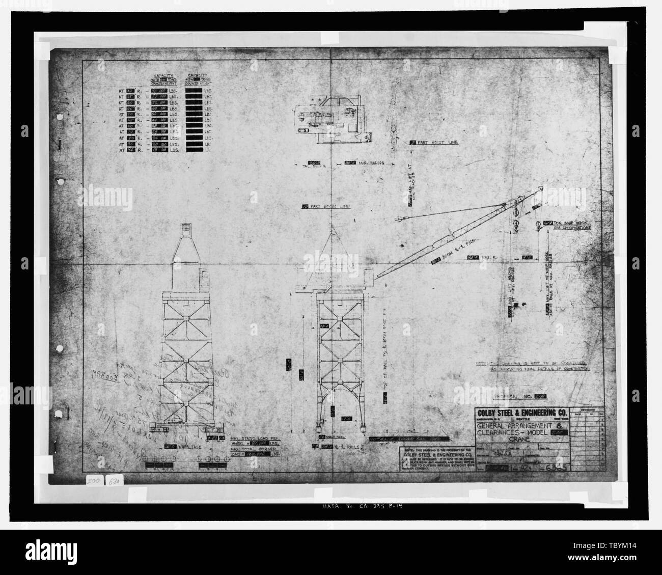 Modèle 200 grue, régime général et les dégagements. Colby et acier Engineering Company, Vancouver (C.-B.), Seattle, New York. Deux élévations et plan de l'ACR. Pas d'architecte a noté, dessiné par Gould. La feuille A2, no 6365. Pas à l'échelle donnée. 10 août, 1942. Proposition no 318. United Engineering Company Shipyard, Crane, 2900 Main Street, Alameda, comté d'Alameda, CA Banque D'Images
