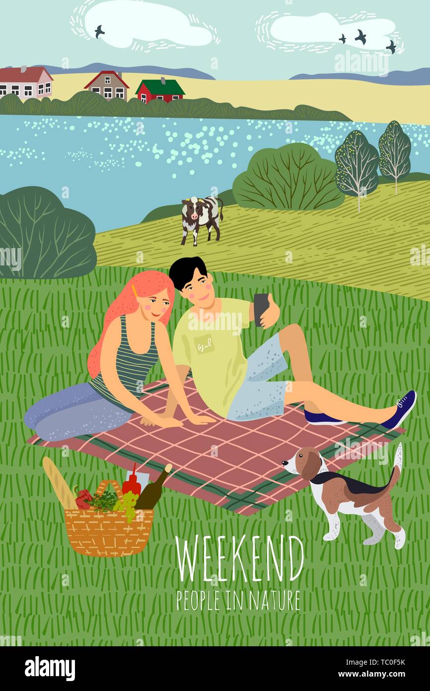 Cute flat vector illustration vertical avec un gars et une fille, reposant sur la nature. Couple assis sur le couvre-lit, chien et un pique-nique sur un foodbasket Illustration de Vecteur