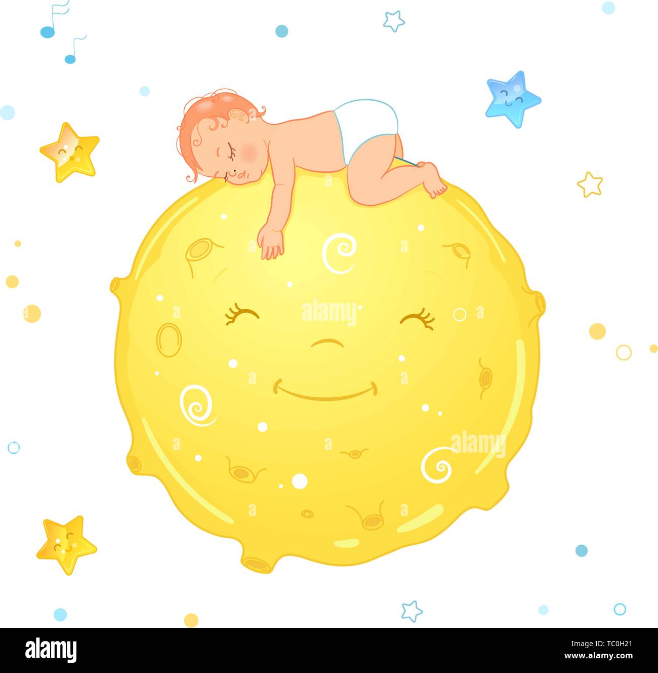 Vector illustration d'un bébé endormi sur la lune. Caricature réaliste bébé en couche. L'illustration de l'ensemble de couches ou ad. Illustration de Vecteur