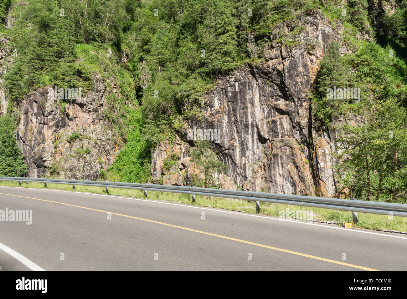 G217 Duku autoroute dans la forêt de l'Été alpin sous ciel bleu et nuages blancs dans le Xinjiang, Chine Banque D'Images