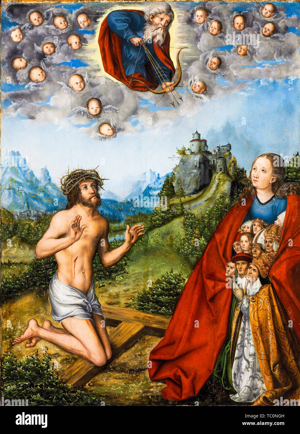 Lucas Cranach l'ancien, le Christ et la Vierge, intercède pour l'humanité, devant Dieu le Père, (Les trois fléaux), peinture, vers 1516 Banque D'Images