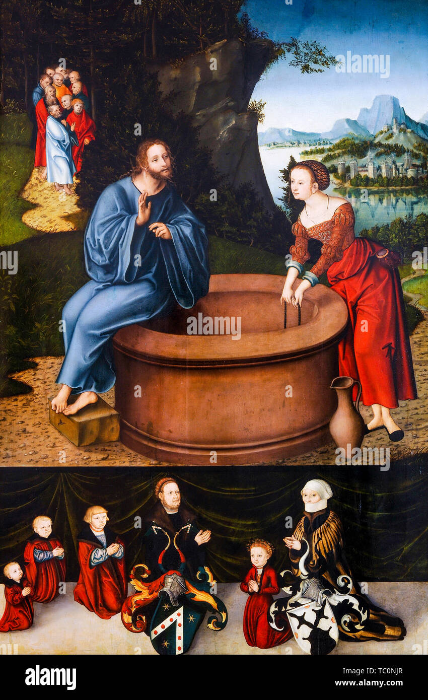 Lucas Cranach l'ancien, le Christ et la Samaritaine, peinture, vers 1525 Banque D'Images