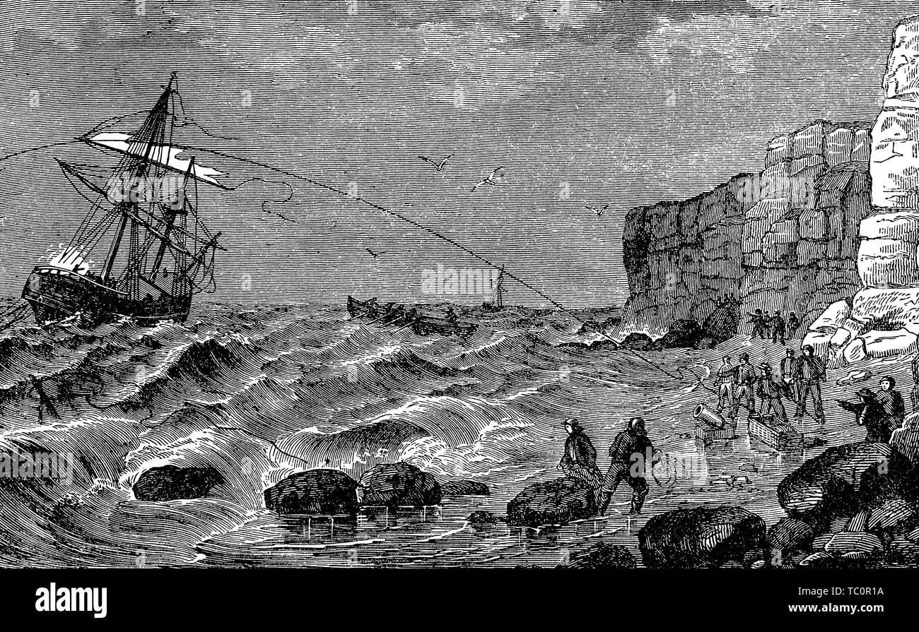 Vintage illustration des efforts pour secourir un navire à la merci de la tempête avec le lancement d'un rescueline Banque D'Images