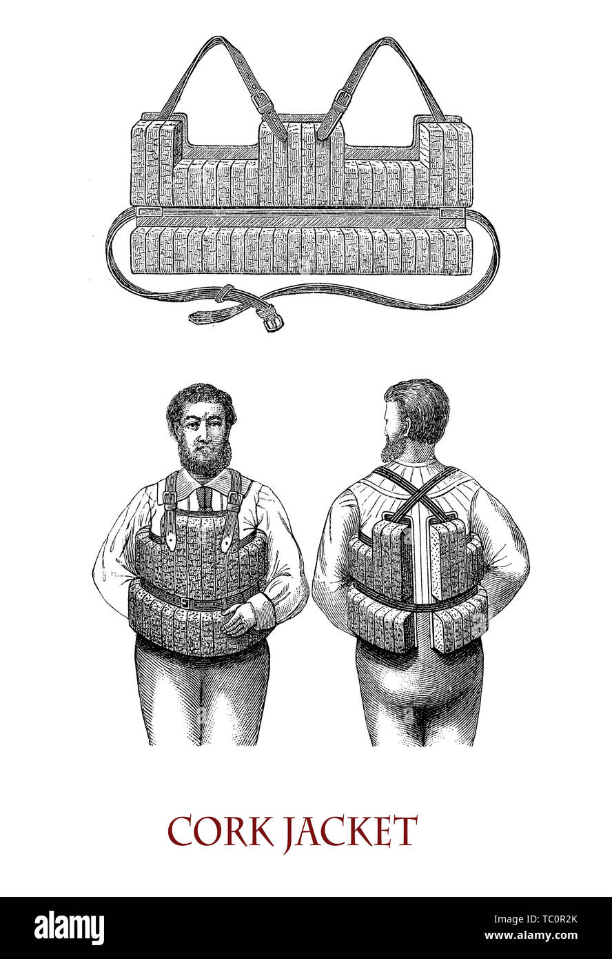 Vintage illustration décrivant une veste de Cork et façon de les porter pour un sauvetage en toute sécurité Banque D'Images
