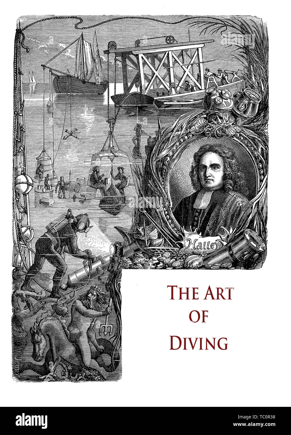 Frontispice de typographie pour un chapitre sur l'art de la plongée sous-marine avec le portrait d'Edmond Halley, l'astronome anglais inventeur de l'amélioration de scaphandre Banque D'Images