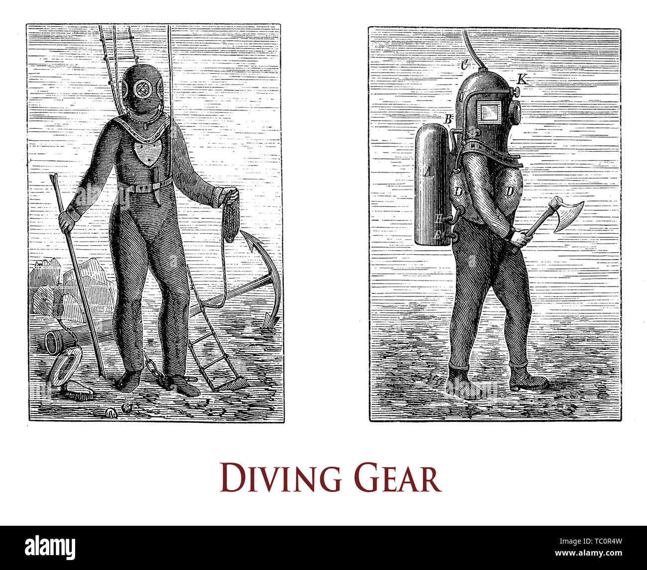 Vintage illustration décrivant l'équipement de plongée sous-marine pour travailler confortablement Banque D'Images