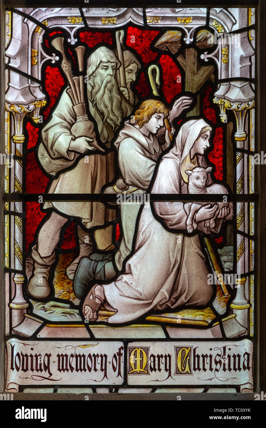 Le vitrail de la fenêtre de l'église de bergers détail Aldeburgh, Suffolk, Angleterre, RU c1891 J Hardman Banque D'Images