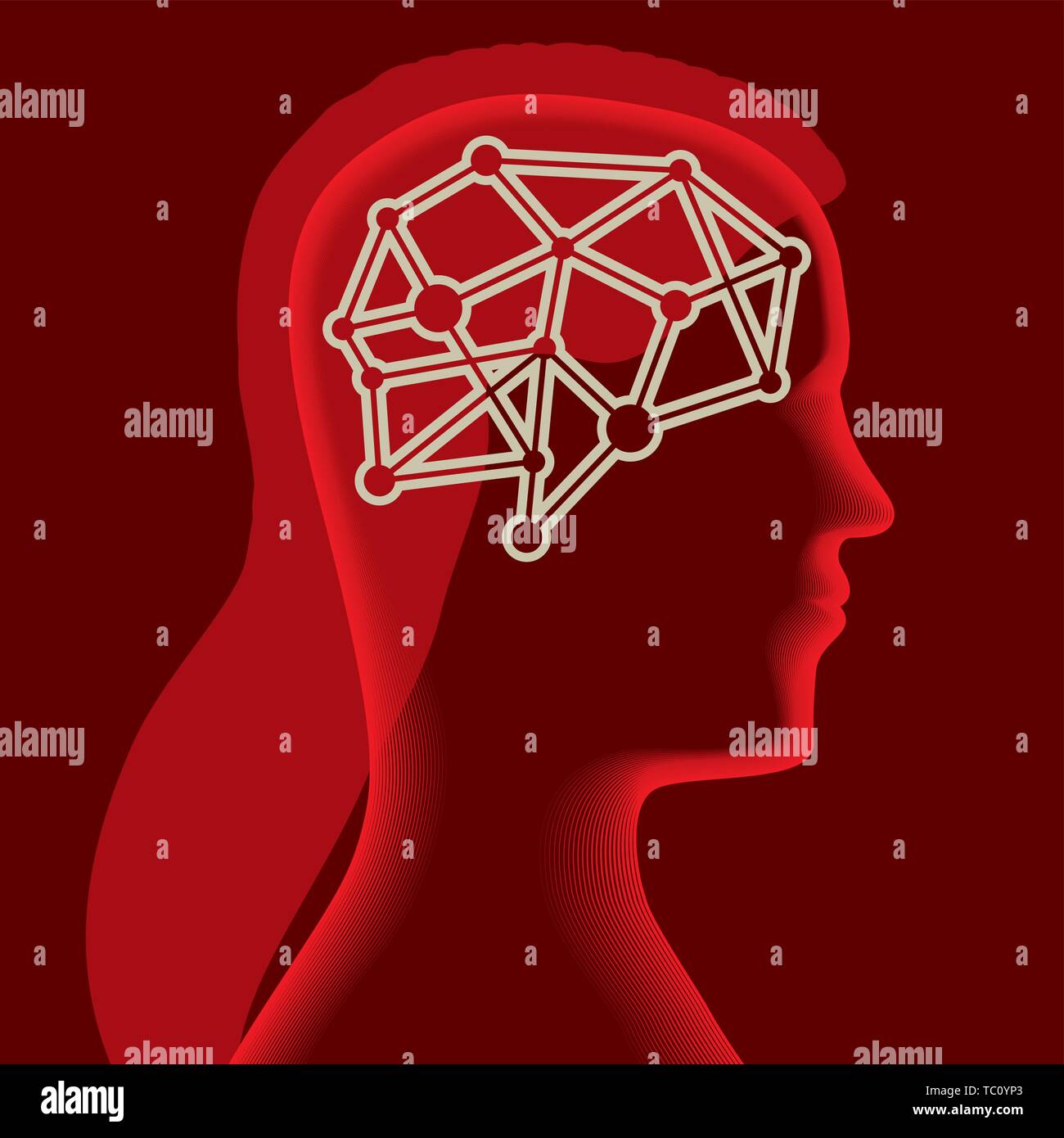 Vector illustration. L'icône du cerveau sur une silhouette de la tête d'une femme douce en rouge. Illustration de Vecteur