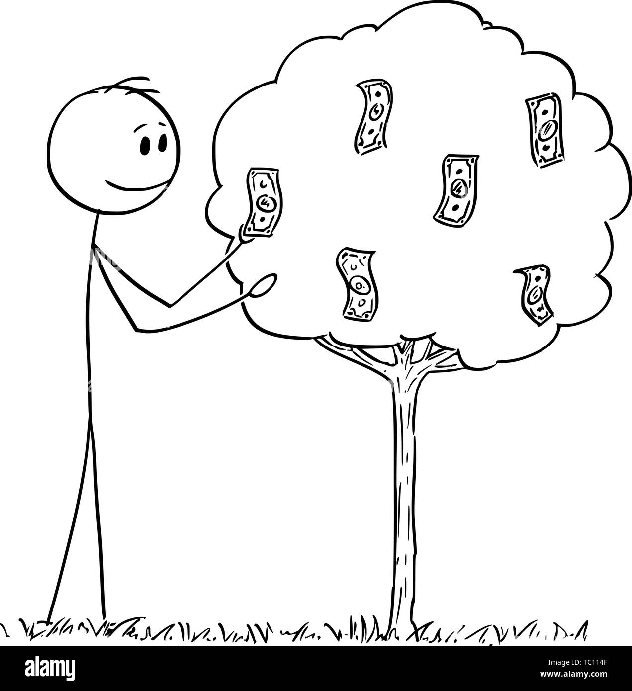 Vector cartoon stick figure dessin illustration conceptuelle de l'homme d'affaires ou choisir ou rassemblement des dollars, les billets de banque, l'argent ou en espèces qui croissent sur les fruits des arbres. Illustration de Vecteur