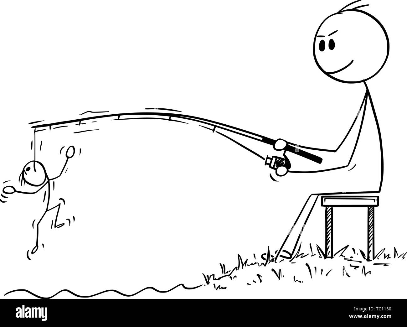 Vector cartoon stick figure dessin illustration conceptuelle de l'homme perfide ou homme d'affaires de la pêche ou de la pêche à un autre homme, client ou client de la difficulté sur le crochet. Voyage métaphore. Illustration de Vecteur