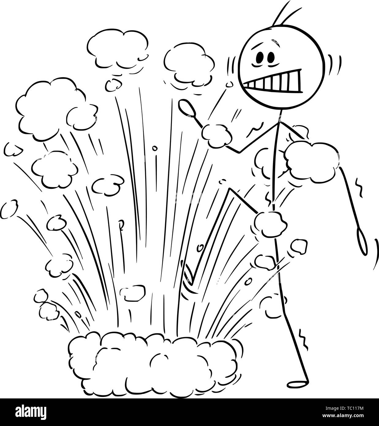 Vector cartoon stick figure dessin illustration conceptuelle de l'homme ou homme surpris par une explosion à l'attaque au mine. Business concept de problème caché. Illustration de Vecteur