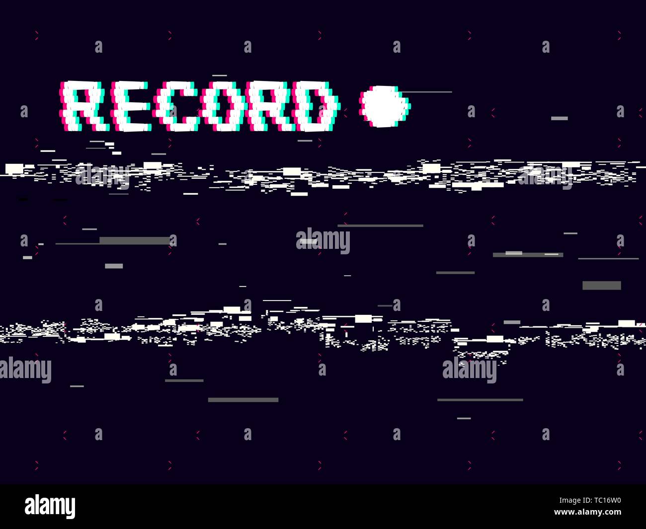 L'enregistrement avec distorsions Glitch blanc sur fond noir. Concept VHS avec des formes géométriques abstraites. Appareil photo rétro modèle. Ancien jeu de cames, rec Illustration de Vecteur